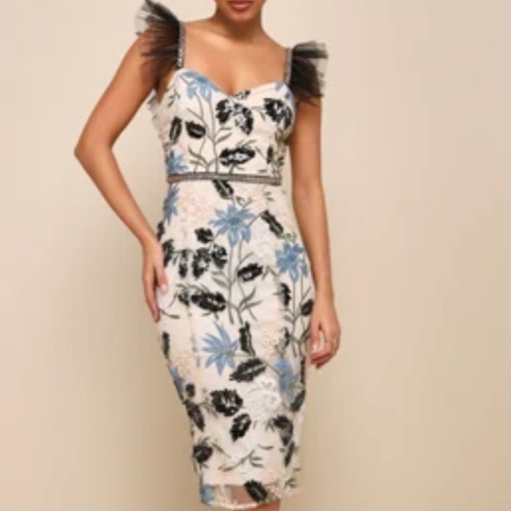 Floral Print Midi Dress with Black and Blue Accents